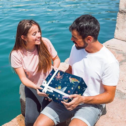 SaringSwoon Ocean Birthday Wrapping Paper for Boys Girls Kids - Navy Blue Gift Wrap with Whales, Octopus, Seahorse and Happy Birthday on Galaxy Design for B-Day Baby Shower - 40×28 Inches, 4 Sheets