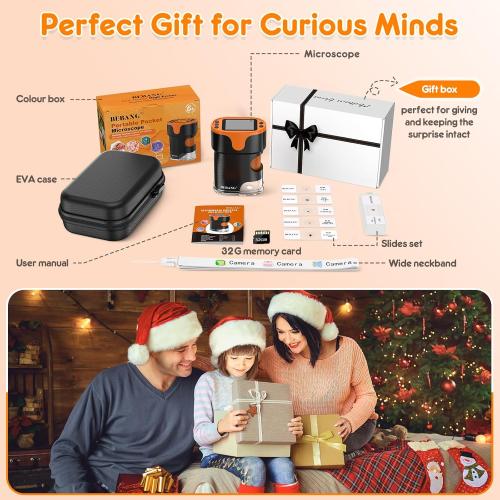 1000X Handheld Microscope for Kids 4K 2.0 Screen Rechargeable Mini Pocket Digital Microscopes w/Slides Kit Portable Edu Gift Age 4-6 8-12 Children Students