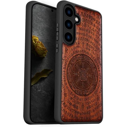 Carveit Wood Case for Galaxy S24 Case [Natural Wood & Black Soft TPU] Shockproof Protective Cover Unique Wooden Design Compatible with Samsung S24 (Viking Symbol-Rosy)