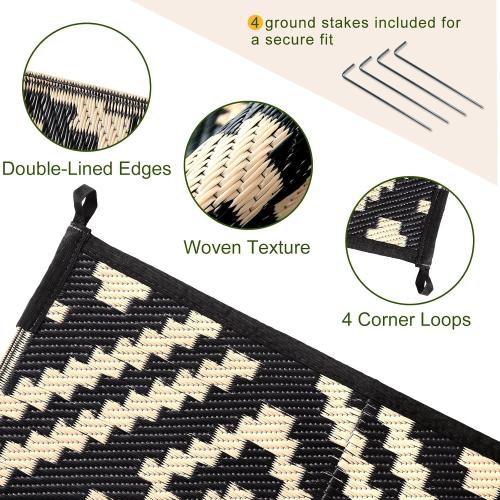 OPPODREAM Outdoor Rug 5x7, Plastic Straw Rug for Patio, Beige & Black | Reversible Checkered, Waterproof Carpet for Balcony, Porch, Backyard, Deck, Camping, RV