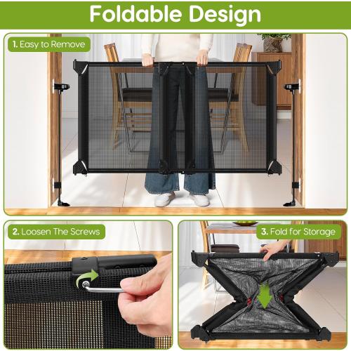 No Drill Baby Gate for Stairs No Bottom Bar, 34-55” Punch Free Dog Gate with Large Walk Thru Door, Mesh Dog Gate for The House, Swing & Dual Openings, No Drilling Pet Gates for Doorways, Black