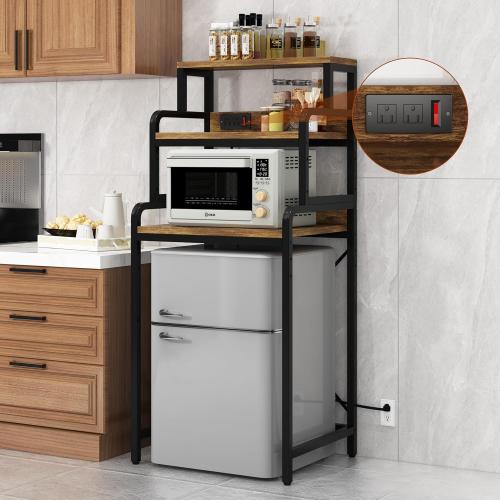 Size 4- Tier Mini Fridge Stand Shelf with Power Outlet, Double-Purpose Rack, Mini Fridge & Microwave Oven Stand Table, Bar Cabinet, Free Standing Shelf for Office, Kitchen, Home.