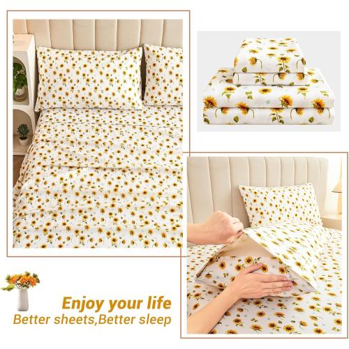 Softan Floral Sheet Set Queen, Sunflower Printed Bed Sheets Queen, Cozy Double Brushed Microfiber Fitted Sheet with 15 Deep Pocket and Corner Straps, Cute Yellow Flower Sheet & Pillowcase Sets