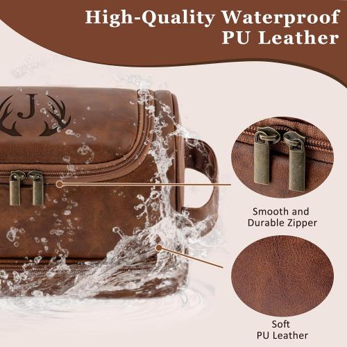 Laser-Engraved Initial Mens Toiletry Travel Bag, Corporate Gifts for Clients Boss Colleague Employee Appreciation Gifts Birthday Party Favor Waterproof Shaving Bag for Men (Reddish Brown S)