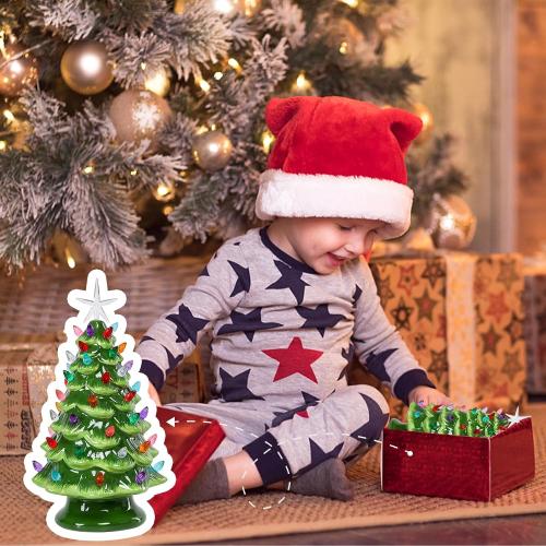 VCUTEKA Small Ceramic Christmas Tree Hand-Painted Vintage Tabletop Green Christmas Tree Holiday Decoration with Multi-Color Lights Xmas Trees 12 inch