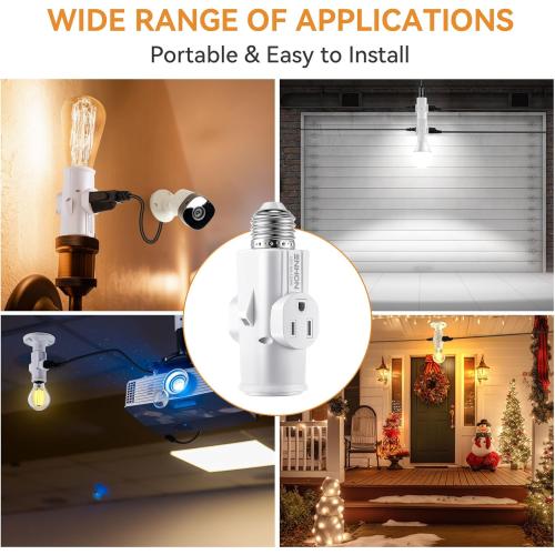 Enhon 2 Pack Light Socket Outlet Adapter, 2/3 Prong Light Socket to Plug Adapter, E26/E27 Heat Resistant Lamp Bulb to 2/3 Prong Plug Outlet Splitter Converter for Garage Porch Indoor Outdoor
