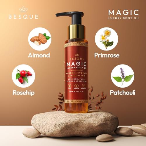 Besque Magic Body Oil, 3.4 FL OZ, After Shower Body Oil For Women, Hydrating Skin Care For Full Body That Plumps, Tightens, and Firms Skin With Natural Ingredients, Luxury Spa Gifts - Pack of 2