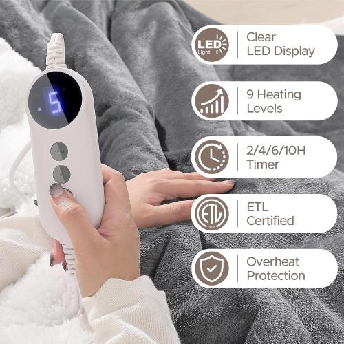 Electric Heated Blanket Throw Soft Cozy Sherpa Fabric Dual-Sided, 9 Heat Settings & 2-10 Hours Auto Off, Warming Heated Throw for Home Office, Machine Washable, Gray