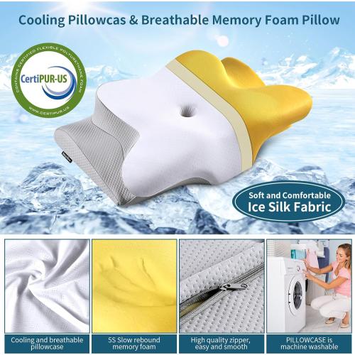 White and Grey Neck Pillow Cervical Memory Foam Pillows, Cooling Contour Pillow for Neck Pain Relief, Ergonomic Orthopedic Bed Pillow for Side Back Stomach Sleepers with Breathable Pillowcase