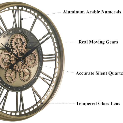 CLXEAST Gold Moving Gear Wall Clock for Modern Living Room Decor,Oversized Large Metal Roman Numeral Wall Clocks for Farmhouse Home Decor,28 Inch
