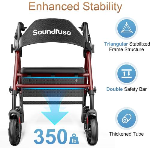 Black Rollator Walkers with Seat for Seniors, Foldable 8 Big Wheels All Terrain Rolling Walker, Handles and Ergonomic Seat Height Adjustable, 350lb Weight Capacity