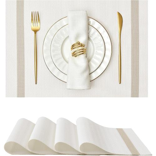 Leetaltree Sparkling White Vinyl Woven Placemats Set of 4 - Washable Dining Table Placemats Striped, Suitable for Wedding, Anniversary, Daily Use - Sparkling Table Decor
