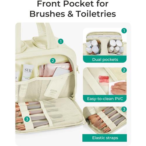 BAGSMART Travel Toiletry Bag, Crush Toiletry Bag for Women, Wide-open Puffy Toiletry Bags for Traveling, Large Travel Cosmetic Makeup Bag Organizer for Accessories,Toiletrie, Beige