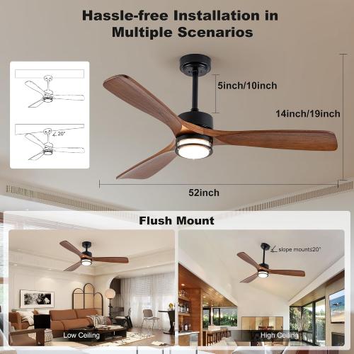 Size 52” Color Brown Outdoor Ceiling Fan with Light, 3 Walnut Solid Wood Blade, Remote Control, 3CCT Dimmable LED, Timer, 6-Speed Reversible Motor All-Weather Use for Living Room or Patio