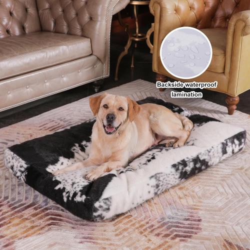 Bedfolks Waterproof Kennel Pad,Plush Dog Crate Bed with Removable, Washable Faux Fur Cover for Extra Large Dogs, Fluffy - 41x27, Black-White Cowhide