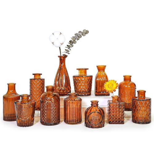 Set of 12Pcs Glass Bud Vase Set, Small Dark Brown Flower Vase for Centerpieces, Bud Vases in Bulk, Mini Vintage Vase for Rustic Wedding Decorations（Amber）