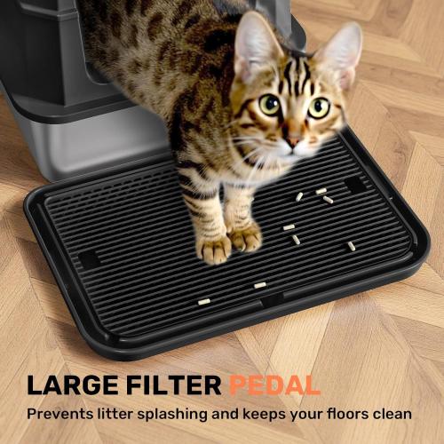 Stainless Steel Litter Box with Lid, Anti-Leakage Enclosed Metal Litter Box, Flip-Top Extra Large Kitty Litter Pan with Scoop & Pedal, Odor Free, Front & Top Dual Entry, Black
