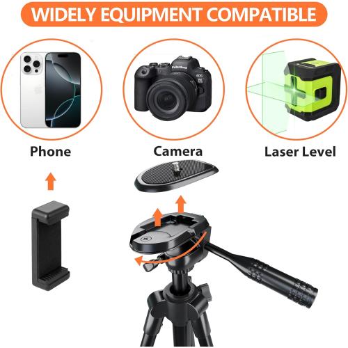 Laser Level Tripod Phone Tripod Stand: 51-Inch Lightweight Travel Stand with Phone Holder Mount Compatible with iPhone, Line Lasers and DSLR Camera, Carry Bag Included | Matte Black