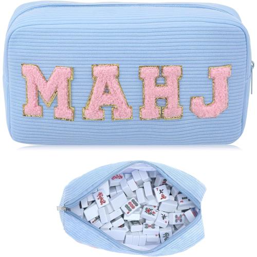 Empty Mahjong Bag Thickened American Mahjong Tiles Bag with Zipper Storage Pouch for Board Game Pieces Game Party Travel Gatherings Accessories, 10.4''x5.6'', Case Only (Mahj,Light Blue)