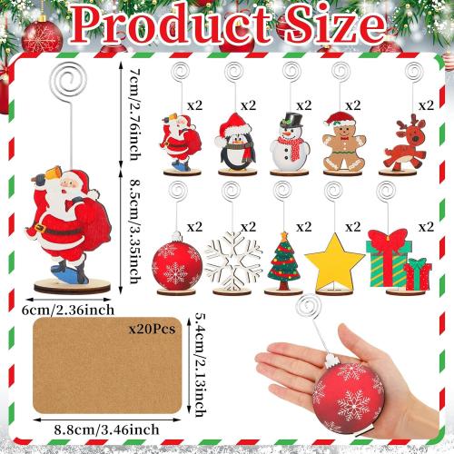 20 Pcs Christmas Wood Place Card Holders Stand Display and 20 Kraft Place Cards Santa Snowman Elk Number Name Photo Picture Clip Holder for Xmas Party Table Decoration(Christmas)
