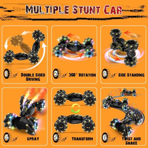 Remote Control Stunt Car Toys: Christmas Birthday Gifts for Boys Toys Ages 6-12 - 2.4Ghz Gesture Sensing Remote Control Cars with Light and Music Spray - 8WD Drift 360° Rotating RC Car for 7-14 Kids