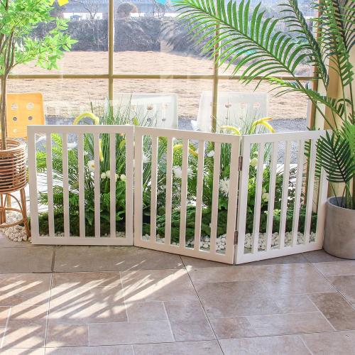 ZJSF Freestanding Indoor Dog Gate for House Foldable Wood White Puppy Gate for Doorways Pet Gate for Stairs Extra Wide Pet Fence 24 Height 3 Panels