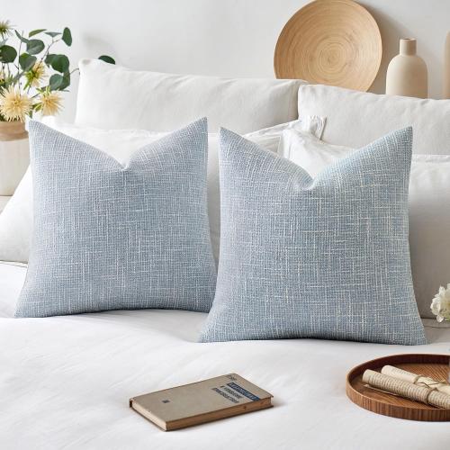 MIULEE 24x24 Inch Euro sham Burlap Linen Pillow Covers Set of 2 - Coastal Light Blue Washed Soft Skin-Friendly Texture Decorative Throw Pillows Home Decor for Farmhouse Modern Sofa,Bed,Couch,Patio