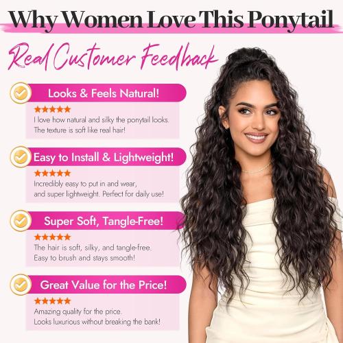 Black Hot Pink Curly Synthetic Drawstring Ponytail Extension | Lightweight 160g Natural Looking Heat Resistant Wavy Hairpieces for Women Daily Use Party 30 Inch Black Hot Pink Highlights