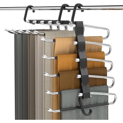 Pants Hangers Space Saving - 2 Pack Closet Organizer and Storage Jean Hangers, Stainless Steel Anti-Slip Clothes Hanger Scarf Holder for Pants Jeans Leggings Trousers Pant Rack, Black