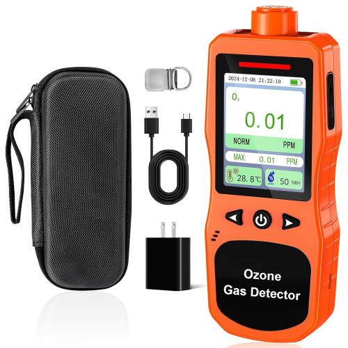 Portable Ozone Detector, 0-100 PPM Ozone Gas Monitor with 0.01 PPM High Resolution, 16H Long Battery Life, Ozone Meter with Alarm, O3 Air Quality Monitor with Temp & Humidity Tester, Orange
