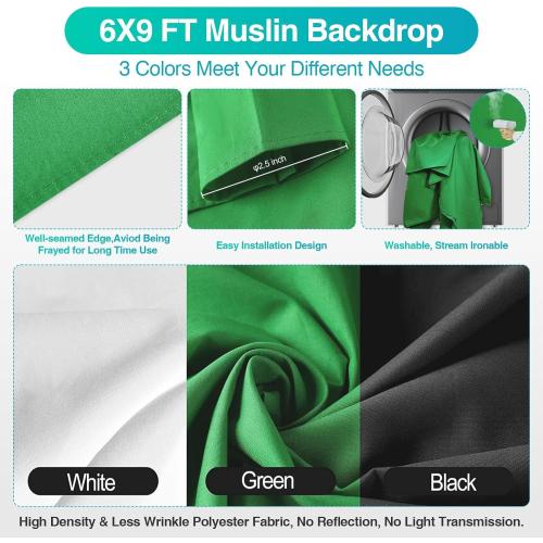 EMART 8.5 x 10 ft Backdrop Support System, Professional Photography Lighting Kit with 5500K 50W LED, 6 * 9ft Backdrop *3, Reflector,Umbrellas&Softbox Lighting Kit for Studio, Portrait, Video Shooting