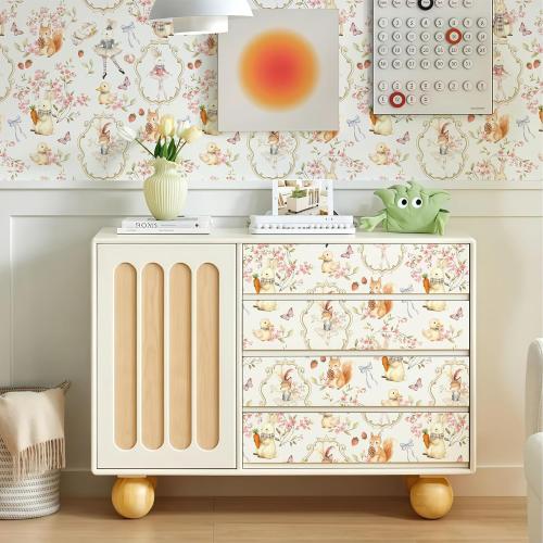 French Vintage Watercolor Peel and Stick Wallpaper, Whimsical Floral Self Adhesive Contact Paper with Ballet Bunny Squirrel Butterfly Strawberry 17.3in x 118in, Removable for Girls Nursery, Renter