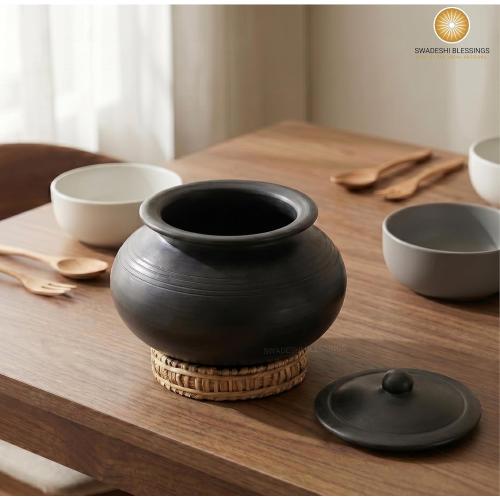 Swadeshi Blessings HandMade Unglazed Clay Pot for Cooking with Lid, 4Liters | Chemical-Free, Multi-Use Clay Cookware, Mud Handi, Mitti Ke Bartan, Biryani Pot, Earthen Kadai, Free Cleanser&Palm Leaf Stand