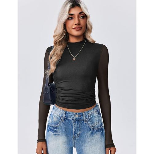 Zeagoo Womens Mesh Long Sleeve Tops See Through Going Out Blouses Mock Neck Sheer Party Outfits Shirts medium