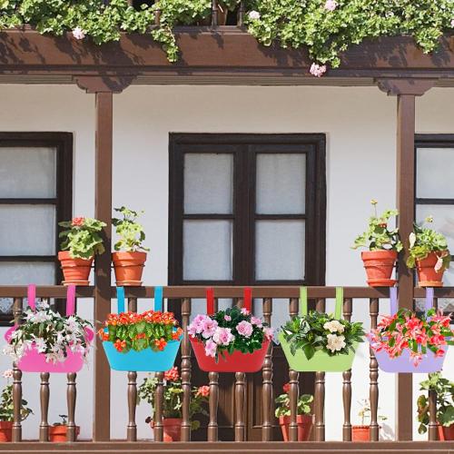 5 Pcs Hanging Flower Pot, Metal Iron Bucket Fence Hanging Planters for Outdoor Plants, Planter Box with Detachable Hooks for Railing Balcony Garden Yard