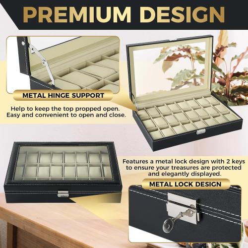 NATGAI Watch Box 24 Slots, Elegant Watch Display Case Glass Top (Beige) | PU Leather Watch Storage Box with Removable Cushion, Lockable Watch Holder Organizer for Men & Women