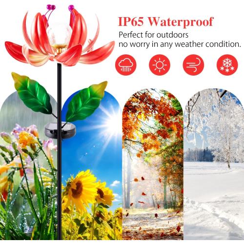 Color Red Solar Lights Outdoor Garden Decor, Solar Wind Spinner Yard Decorations for Outside, Lotus Windmill Pathway Lights with LED Cracked Crystal Ball Waterproof Flower Sculpture for Patio Lawn Garden Gifts