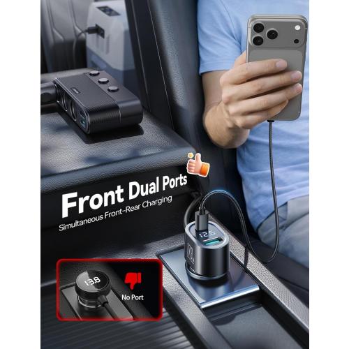 [2025 Upgraded] 7 in 1 Cigarette Lighter Adapter, JOYROOM 179W Car Charger Adapter with PD30W Charge(3.3FT Cable), 24V/ 12V Cigarette Lighter Splitter with Independent Switches & LED Voltage Display