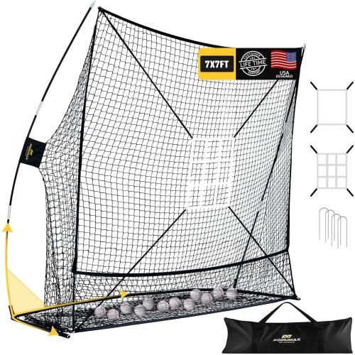 PodiuMax 7x7FT Baseball Net with 2 Strike Zone for Batting & Pitching | Extra Stable Rectangular Base, Extra-wide Ball Collection, Tear-resistant Net, Portable & Easy Setup for Backyard