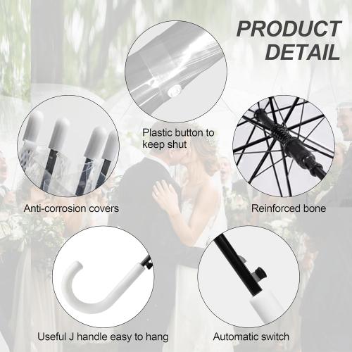 10 Pack Clear Wedding Umbrellas Bulk Transparent Auto Open Close Windproof Waterproof Stick Umbrellas with White J-Hook Handle for Brides, Grooms, Photography & Outdoor Events
