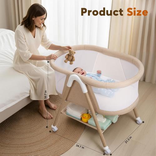 Uuoeebb Baby Bassinet, Bassinet Bedside Sleeper, Upgrade Safety Bedside Bassinet for Baby with 360° Silent Wheels, Storage Tray Basket, Breathable Mesh, Easy Move, Easy to Install,Khaki