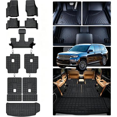 Floor Mats for 2021-2026 Jeep Grand Cherokee L (Only for 6 Seats) | 2nd Row Captain Chair, TPE All Weather Floor Liners & Trunk Mat & 2nd and 3rd Backrest Mat for Grand Cherokee L Accessories
