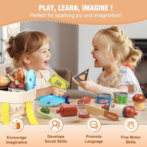 Pithfor Wooden Play Food Set for Kids Toddlers, Grocery Store Pretend Play Food, Pretend Grocery Shopping & Play Kitchen Accessories for Boys Girls