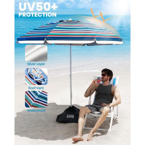OutdoorMaster Beach Umbrellas for Sand with Sandbag & Anchor, 6.5ft Adjustable Umbrella for Beach Heavy Duty Wind, Portable UPF50  Sunshade with Carry Bag for Patio, Blue Red Striped