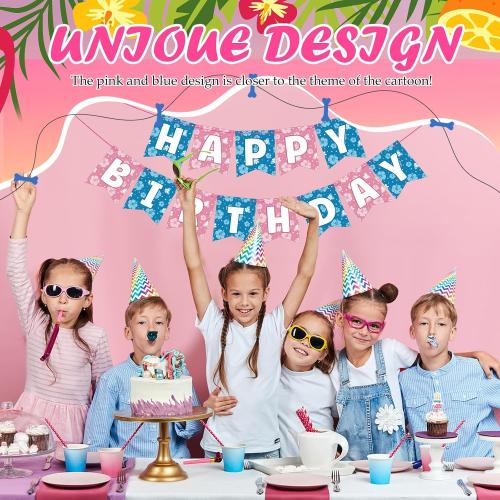VitalCozy Blue Pink Hibiscus Cartoon Birthday Decorations Pre-strung Happy Birthday Banner for Blue Pink Alien Cartoon Hawaii Party Supplies