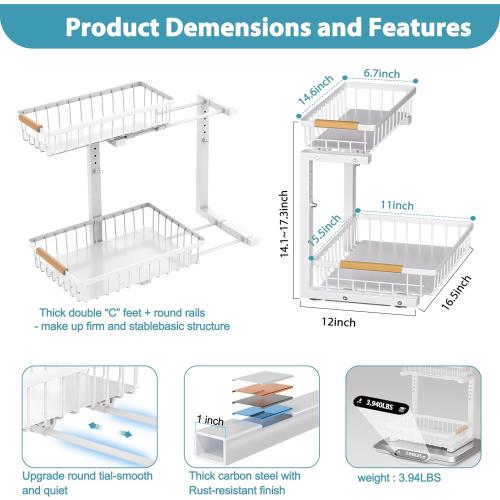 Under Sink Organizer 2 pack, 2 Tier Slide Out Under Sink Organizers And Storage, Height Adjustable Pull Out Cabinet Drawers, Kithcen Bathroom Metal Storage Caddy Shelf, White
