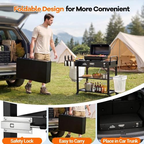 Grill Cart for Blackstone Griddle, Outdoor Grill Table for Ninja | Foldable Pizza Oven Stand Grill Stand Fit 17 or 22 Inch Tabletop Griddle, Portable BBQ Prep Station with Tool Hooks & Wheels