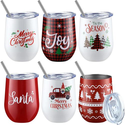 6 Pack Christmas Wine Tumbler Bulk 12oz Insulated Stainless Steel Wine Tumbler with Lid Straw and Brush Christmas Travel Coffee Mug Stocking Stuffer Gift for Kids Women