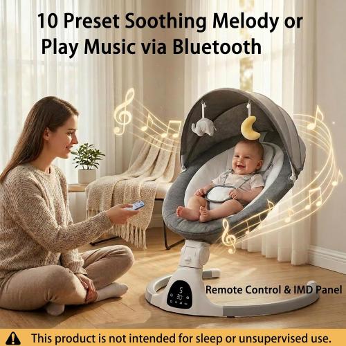 Electric Baby Swing for Infants, 5-Speed Adjustable Swing with Bluetooth Music, Timer, 5-Point Harness and Stable Base for Supervised Daytime Use (Grey)