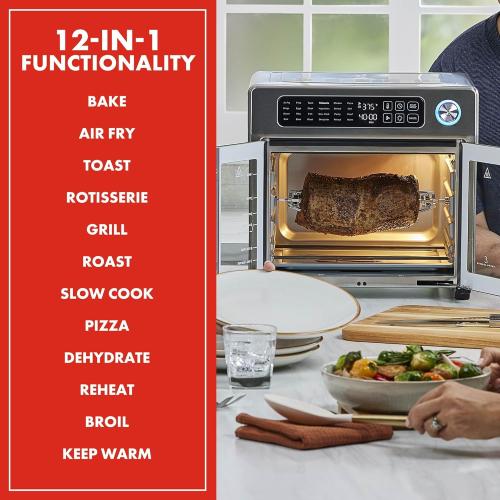 Silver Emeril Lagasse Extra Large French Door Air Fryer Toaster Oven Combo, 24 Cooking Functions and Digital Controls, 7 Accessories Included, Stainless Steel Finish, 26QT Capacity
